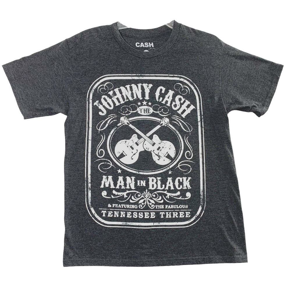 Johnny Cash T Shirt Mens Medium Gray Country Music Guitars Man‎ in Black